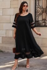 Plus Size Mesh Splicing Round Neck Long Dress - Image 4