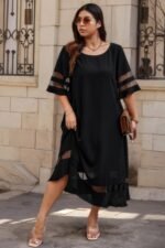 Plus Size Mesh Splicing Round Neck Long Dress - Image 5