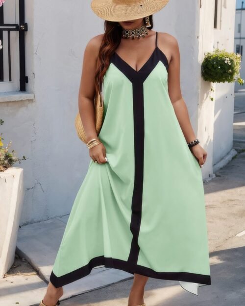 plus colorblock spaghetti strap a line dress