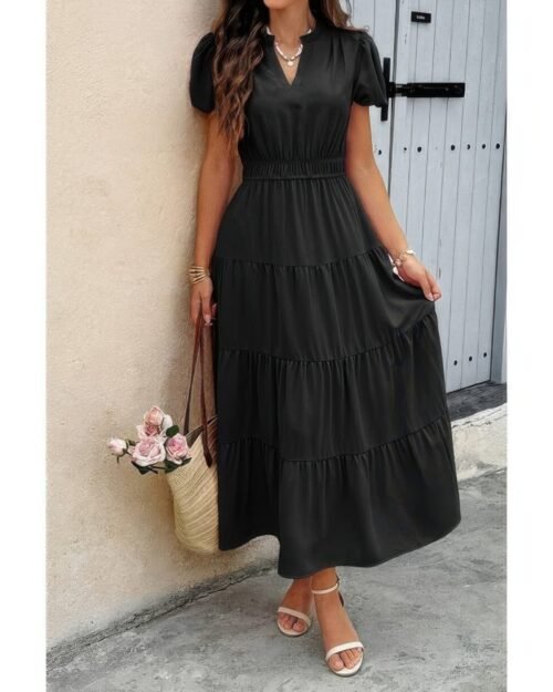 solid v neck color block elastic waist dress