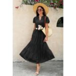 Solid V Neck Color Block Elastic Waist Dress - Image 2