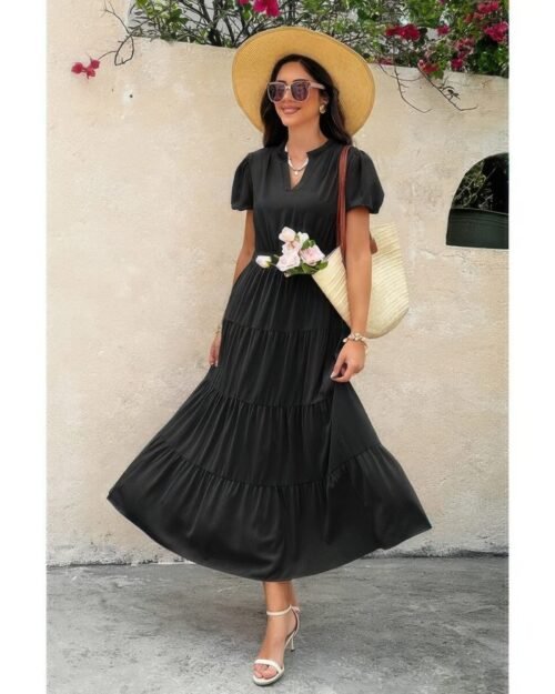 solid v neck color block elastic waist dress