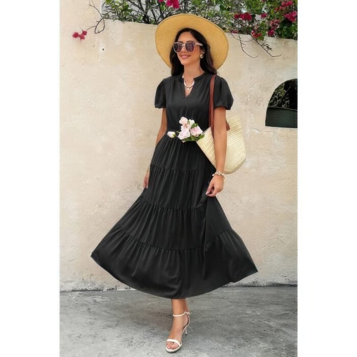 Solid v neck color block elastic waist dress - image 2