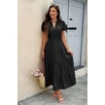 Solid V Neck Color Block Elastic Waist Dress - Image 3
