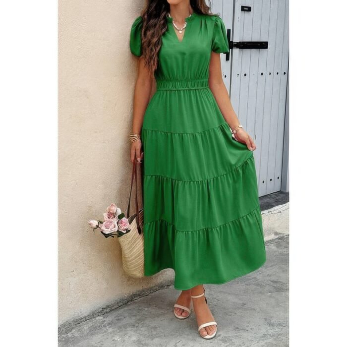 Solid v neck color block elastic waist dress - image 5