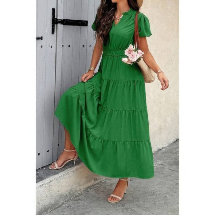 Solid v neck color block elastic waist dress - image 6