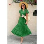 Solid V Neck Color Block Elastic Waist Dress - Image 7