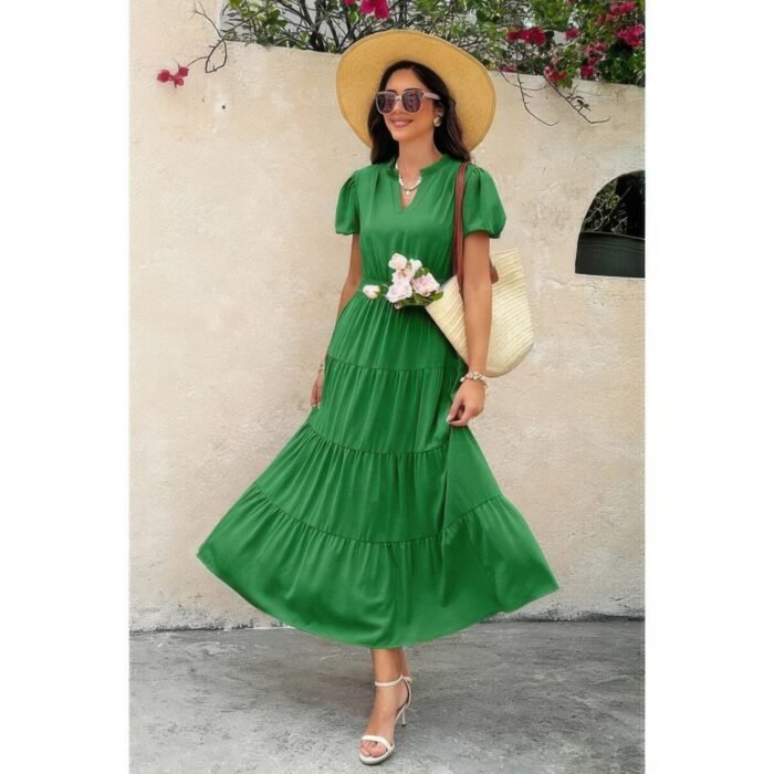 Solid v neck color block elastic waist dress - image 7