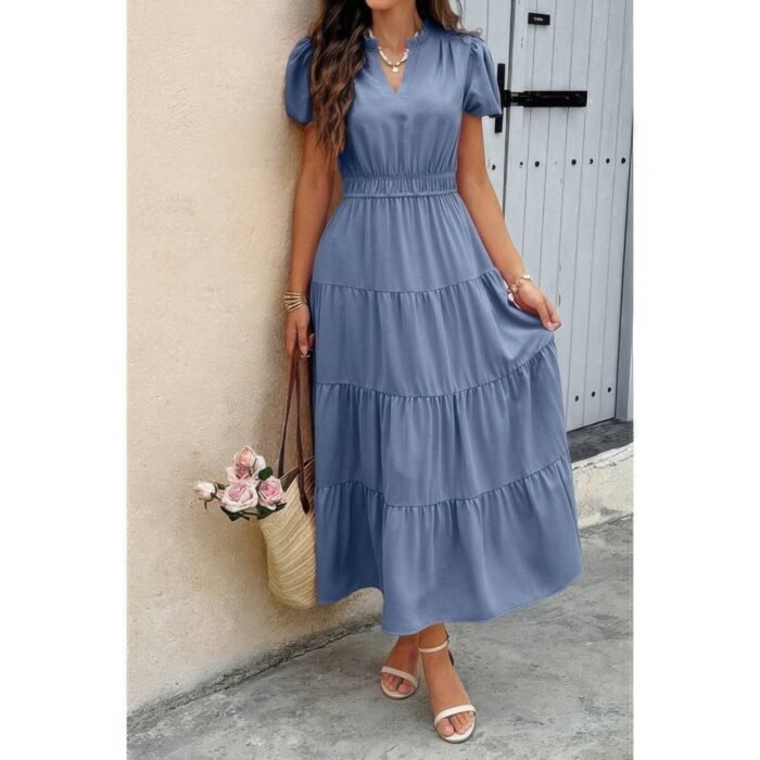 Solid v neck color block elastic waist dress - image 10