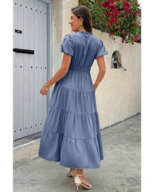 solid v neck color block elastic waist dress