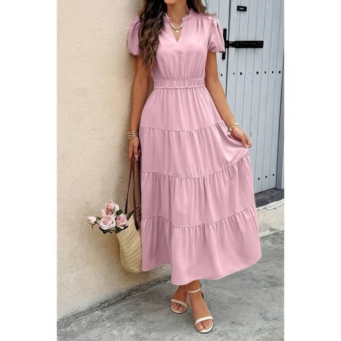 Solid v neck color block elastic waist dress - image 12