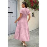 Solid V Neck Color Block Elastic Waist Dress - Image 14