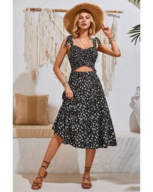 square neck leopard cut out elastic waist dress