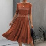 Round Neck Lace Detail Ruffle Hem Midi Dress