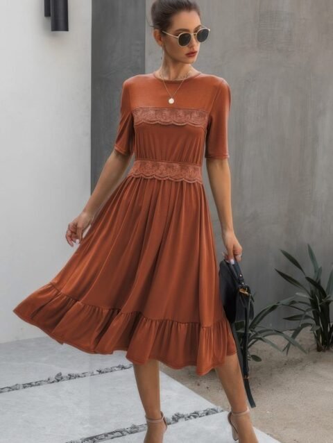 Round Neck Lace Detail Ruffle Hem Midi Dress