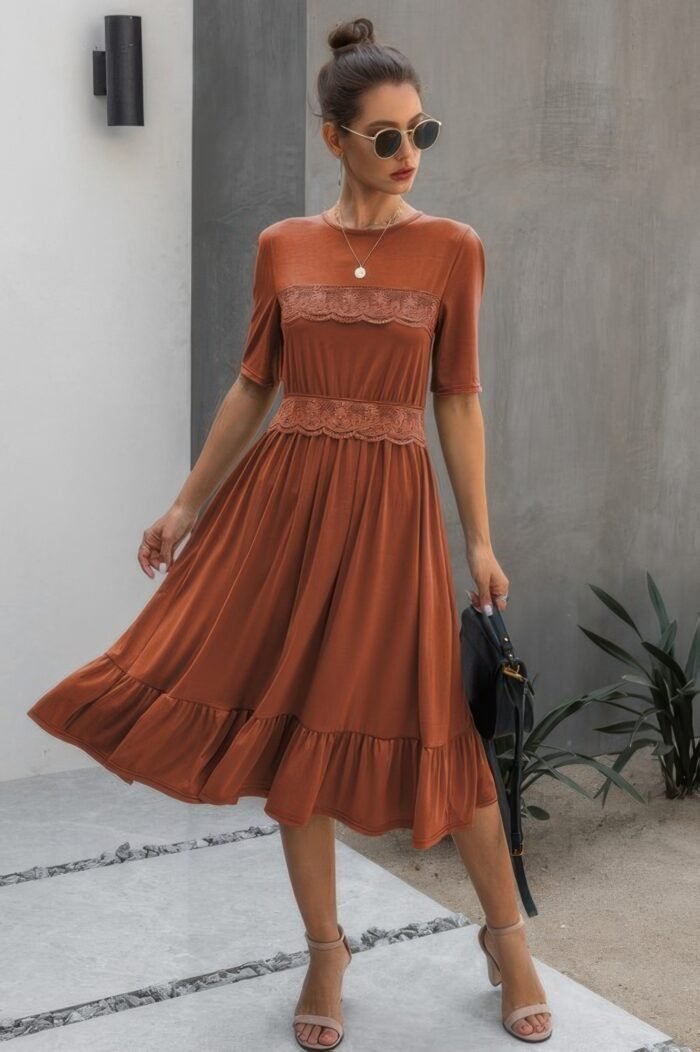 Round neck lace detail ruffle hem midi dress - image 1