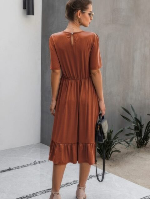 Round Neck Lace Detail Ruffle Hem Midi Dress