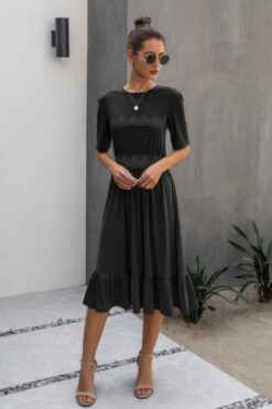 Round Neck Lace Detail Ruffle Hem Midi Dress