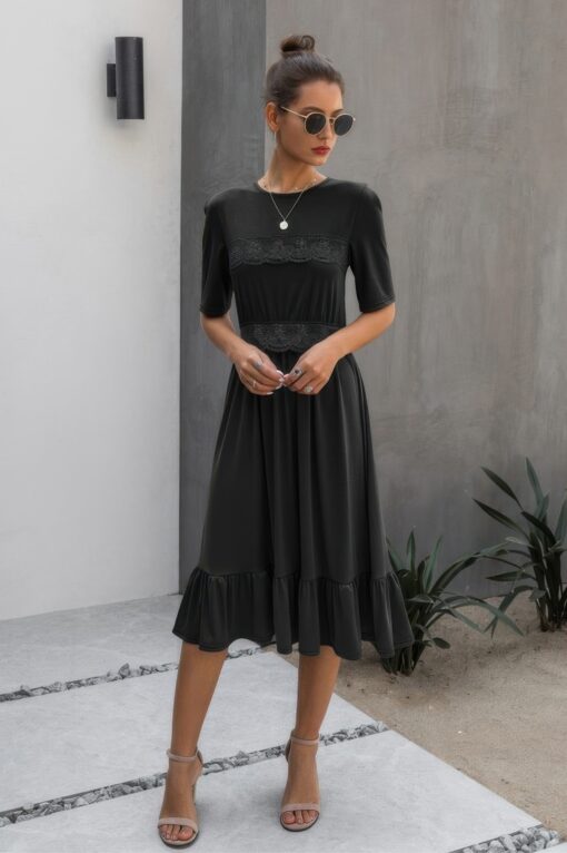 Round Neck Lace Detail Ruffle Hem Midi Dress - Image 5