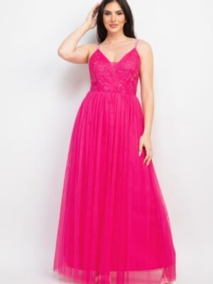 Glittered Straps Mesh Tulle Maxi Dress
