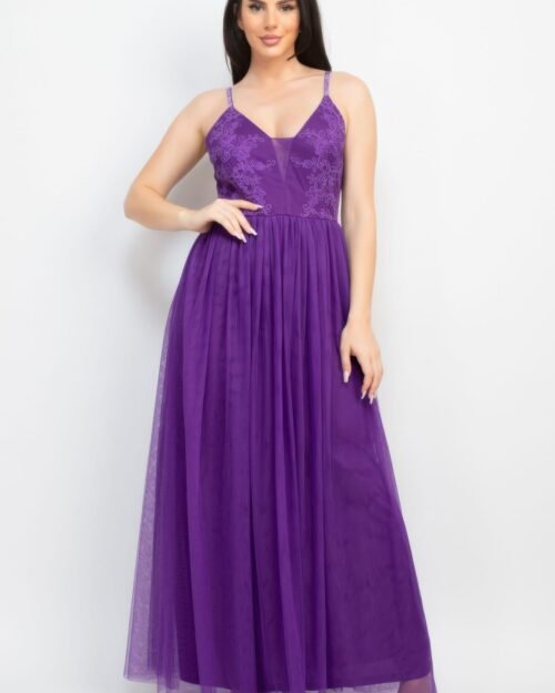 glittered straps mesh tulle maxi dress