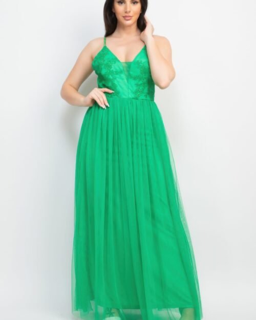 glittered straps mesh tulle maxi dress