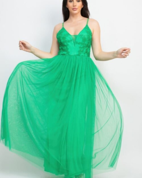 glittered straps mesh tulle maxi dress