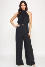 Halter Neck Pleated Top With Beaded Belt Jumpsuit - Image 3