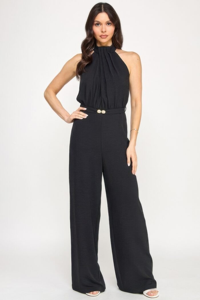 Halter neck pleated top with beaded belt jumpsuit - image 3