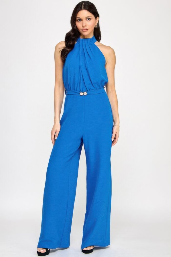 Halter neck pleated top with beaded belt jumpsuit - image 2