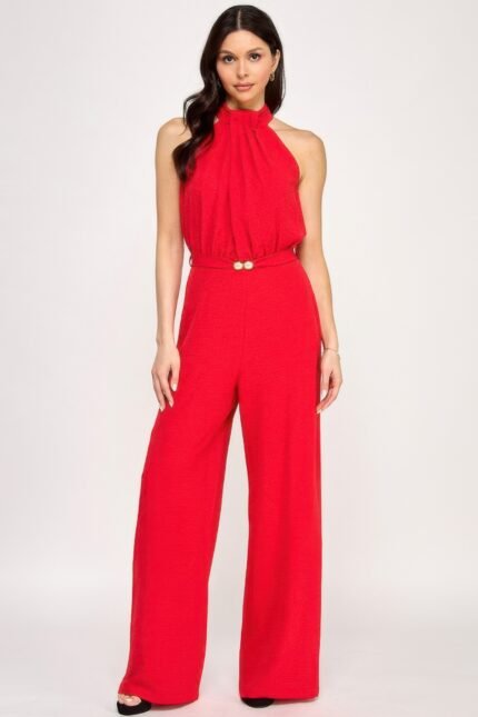 Halter Neck Pleated Top With Beaded Belt Jumpsuit