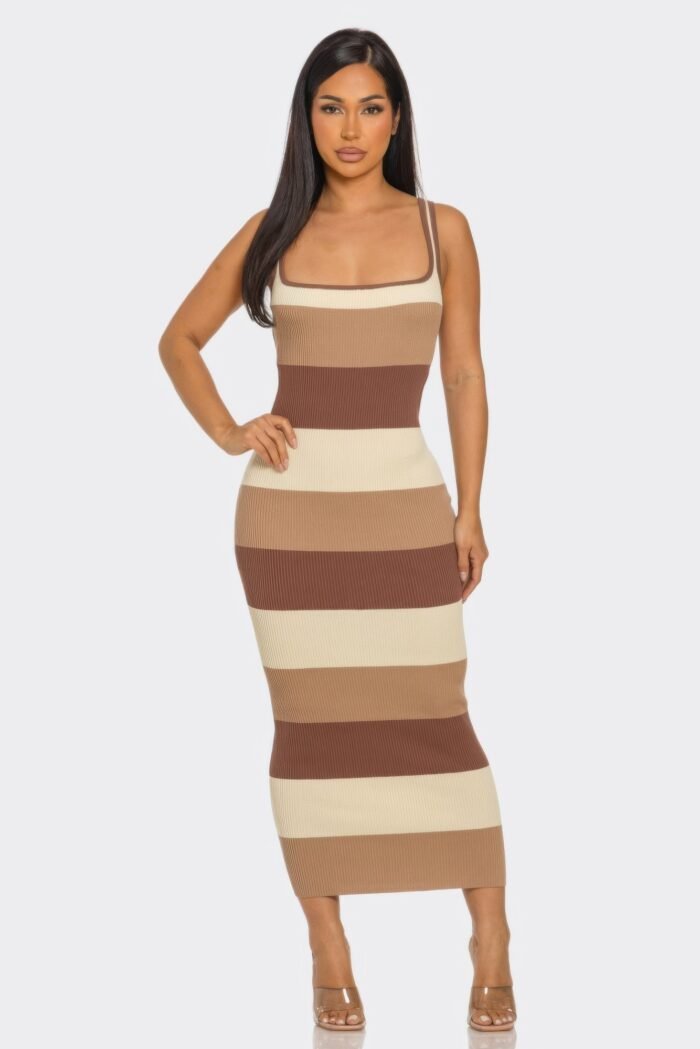 Multi stripe stretchy knit midi dress - image 1