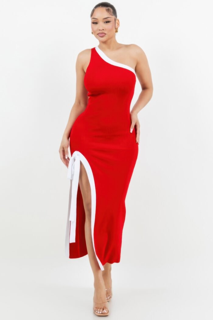 One shoulder side slit tie-up maxi dress - image 1