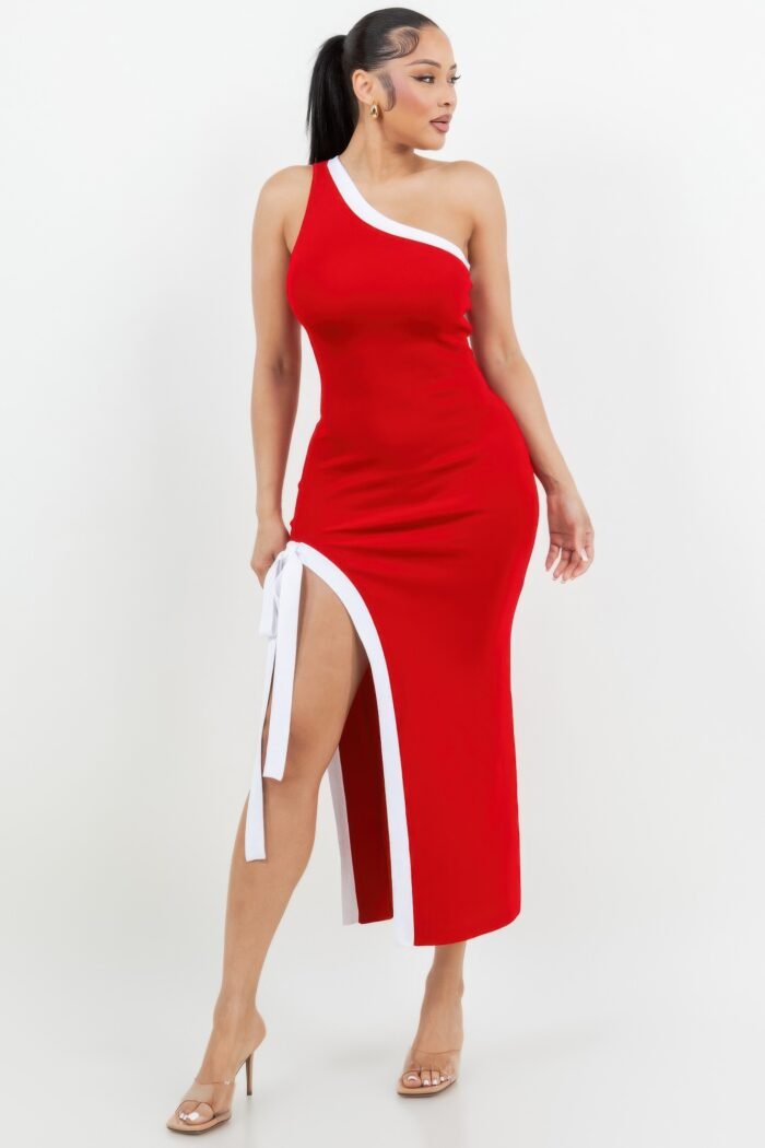 One shoulder side slit tie-up maxi dress - image 2