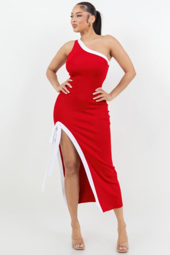 One shoulder side slit tie-up maxi dress - image 3
