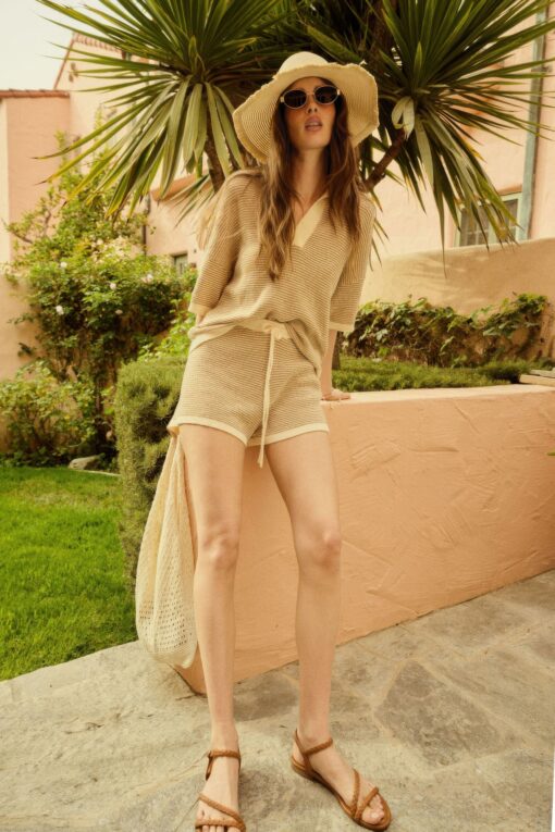 Striped Knit Wide-leg Drawstring Sweater Shorts - Image 14