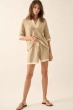 Striped Knit Wide-leg Drawstring Sweater Shorts