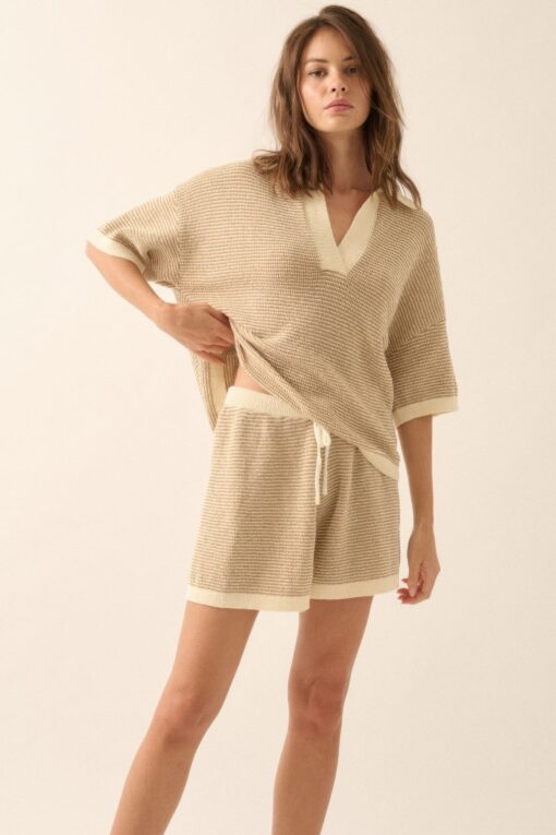 Striped Knit Wide-leg Drawstring Sweater Shorts - Image 16