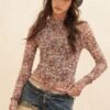 Floral-print Mesh Cropped Mock-neckthumbhole Top