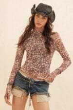 Floral-print Mesh Cropped Mock-neckthumbhole Top