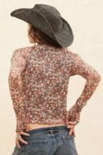 Floral-print Mesh Cropped Mock-neckthumbhole Top