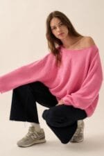 Solid Rib-knit Oversized Boatneck Sweater