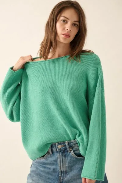 Solid Rib-knit Oversized Boatneck Sweater