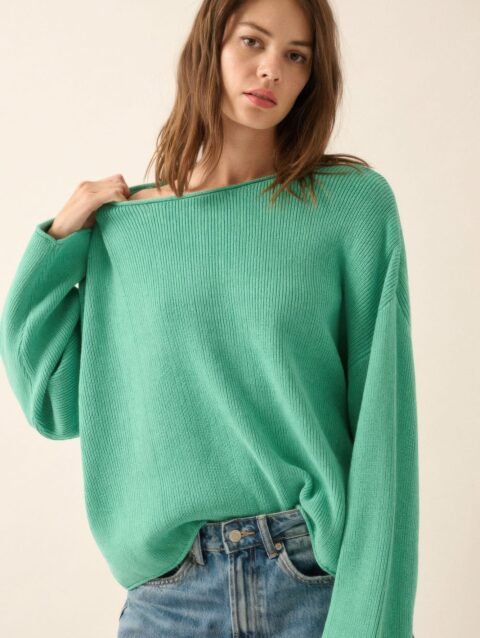 Solid Rib-knit Oversized Boatneck Sweater