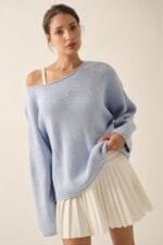 Solid Rib-knit Oversized Boatneck Sweater