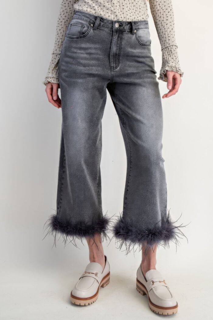 Fur bottom hem washed stretch denim pants - image 6