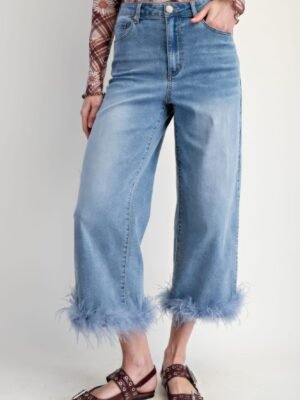 Fur Bottom Hem Washed Stretch Denim Pants