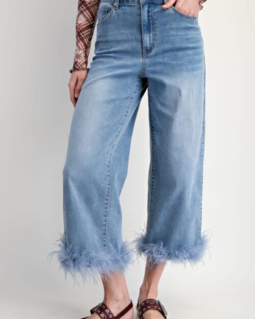 Fur Bottom Hem Washed Stretch Denim Pants