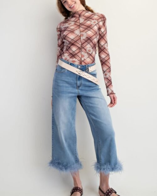 fur bottom hem washed stretch denim pants