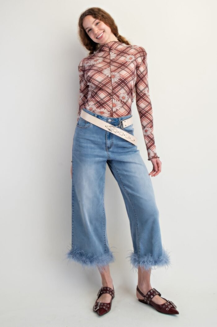 Fur bottom hem washed stretch denim pants - image 2